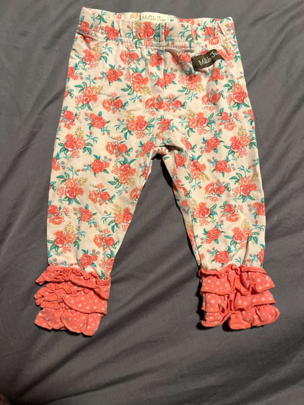 Matilda Jane Leggings with Coral Rose Print and Coral Ruffle Hems